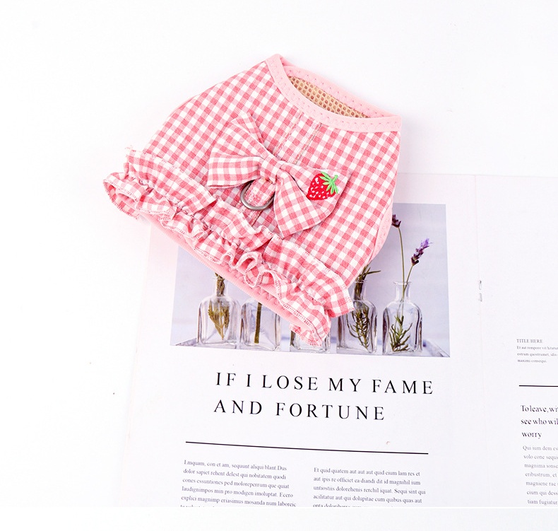 Pink Gingham Dog Harness with Strawberry Detail and Matching Leash